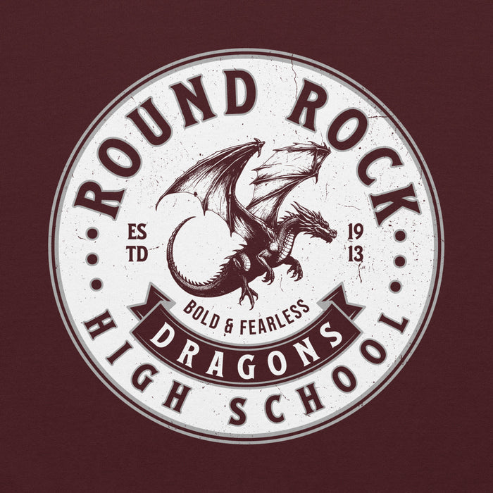 Close-up view of Round Rock High School Dragons Maroon Classic Unisex Hoodie 215