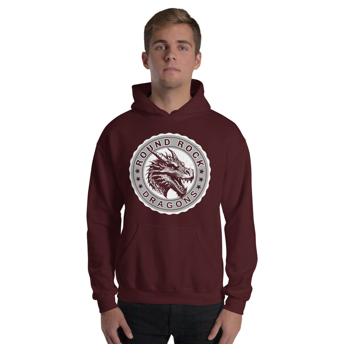 Man wearing Round Rock High School Dragons Maroon Classic Unisex Hoodie 216