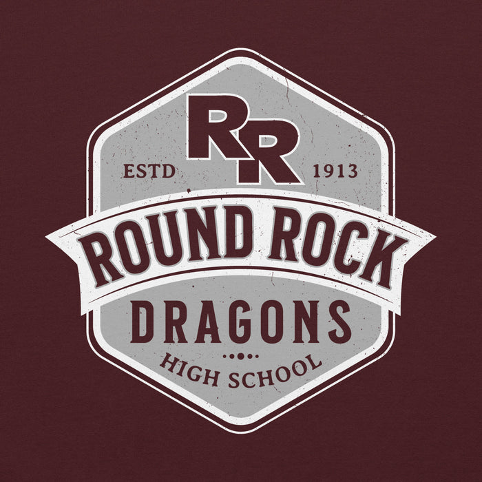 Close-up view of Round Rock High School Dragons Maroon Classic Unisex Hoodie 209