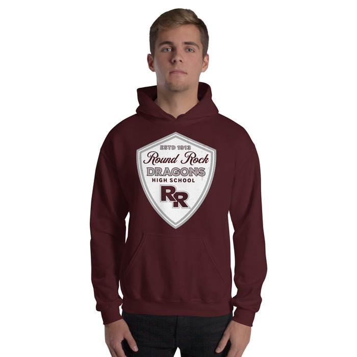 Man wearing Round Rock High School Dragons Maroon Classic Unisex Hoodie 225