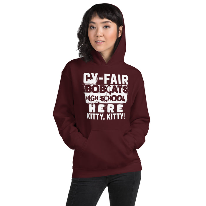 Woman wearing Cy-Fair High School Bobcats Maroon Classic Unisex Hoodie 231