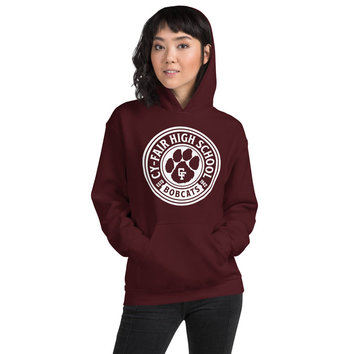 Woman wearing Cy-Fair High School Bobcats Maroon Classic Unisex Hoodie 220