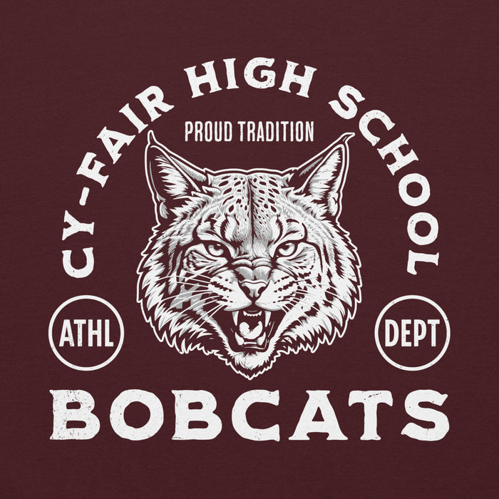 Close-up view of Cy-Fair High School Bobcats Maroon Classic Unisex Hoodie 208