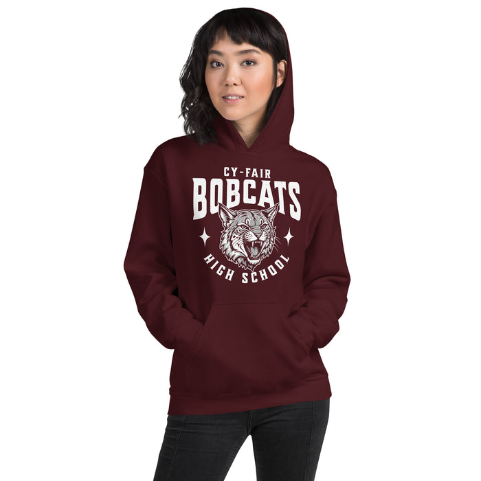 Woman wearing Cy-Fair High School Bobcats Maroon Classic Unisex Hoodie 213