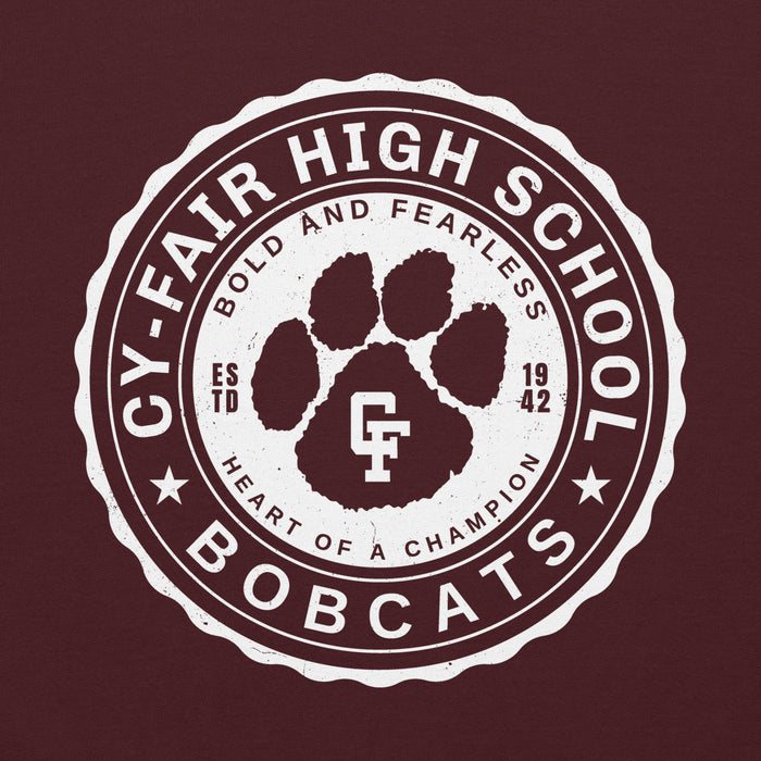 Close-up view of Cy-Fair High School Bobcats Maroon Classic Unisex Hoodie 216