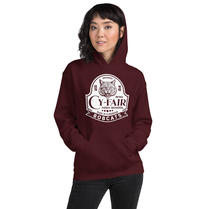 Woman wearing Cy-Fair High School Bobcats Maroon Classic Unisex Hoodie 219