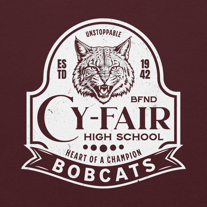 Close-up view of Cy-Fair High School Bobcats Maroon Classic Unisex Hoodie 219