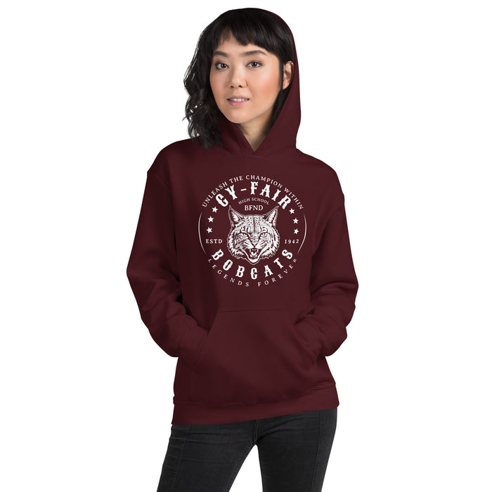 Woman wearing Cy-Fair High School Bobcats Maroon Classic Unisex Hoodie 214
