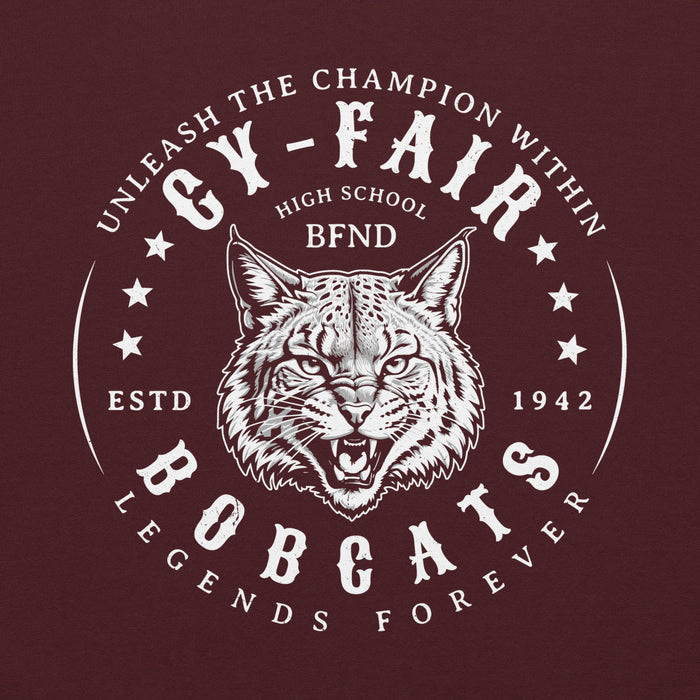 Close-up view of Cy-Fair High School Bobcats Maroon Classic Unisex Hoodie 214