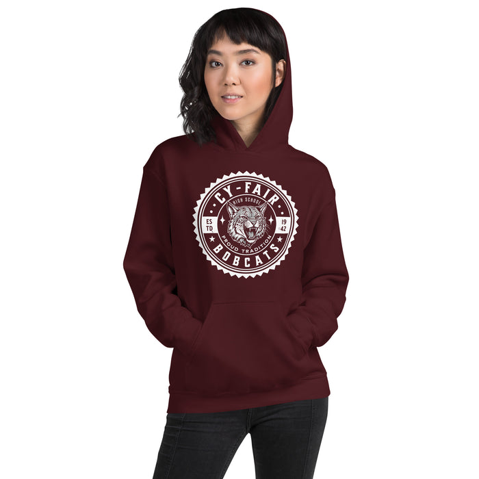 Woman wearing Cy-Fair High School Bobcats Maroon Classic Unisex Hoodie 203