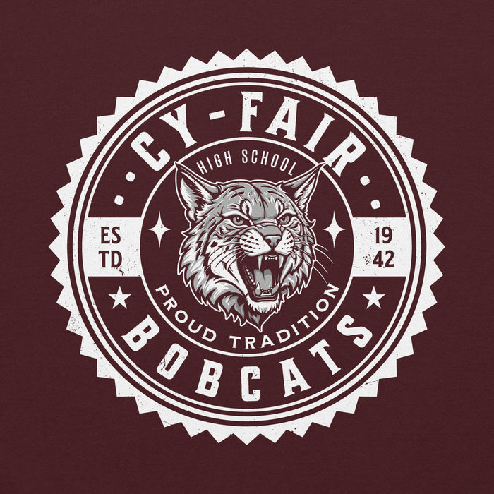 Close-up view of Cy-Fair High School Bobcats Maroon Classic Unisex Hoodie 203