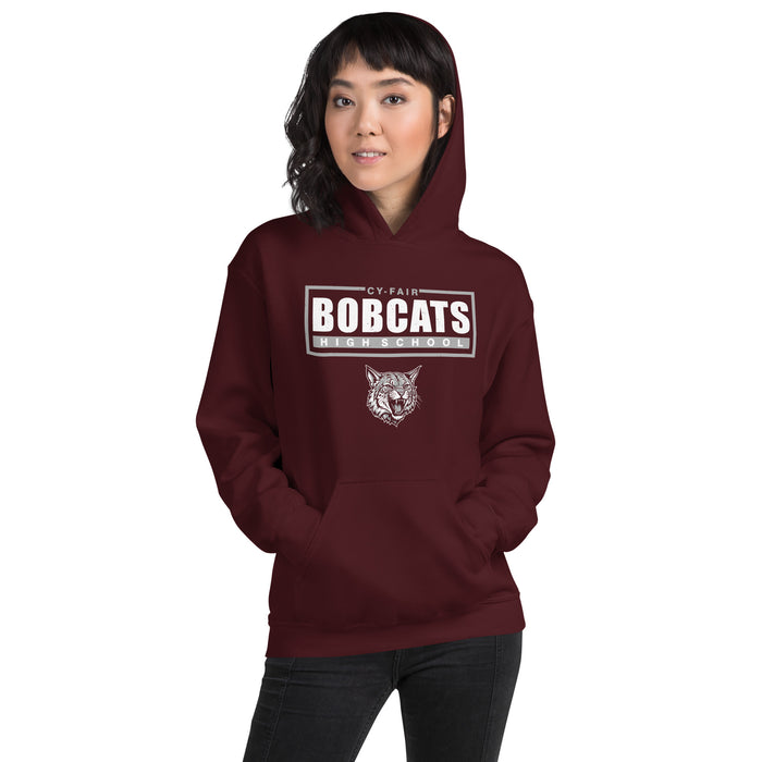 Woman wearing Cy-Fair High School Bobcats Maroon Classic Unisex Hoodie 049