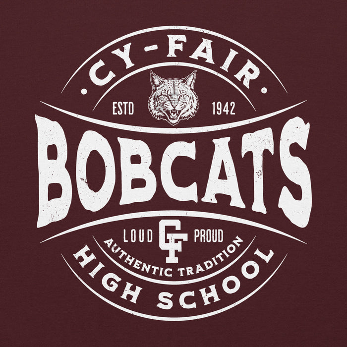 Close-up view of Cy-Fair High School Bobcats Maroon Classic Unisex Hoodie 218