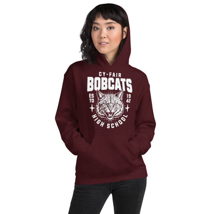 Woman wearing Cy-Fair High School Bobcats Maroon Classic Unisex Hoodie 204