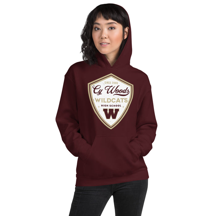 Woman wearing Cypress Woods High School Wildcats Maroon Classic Unisex Hoodie 225