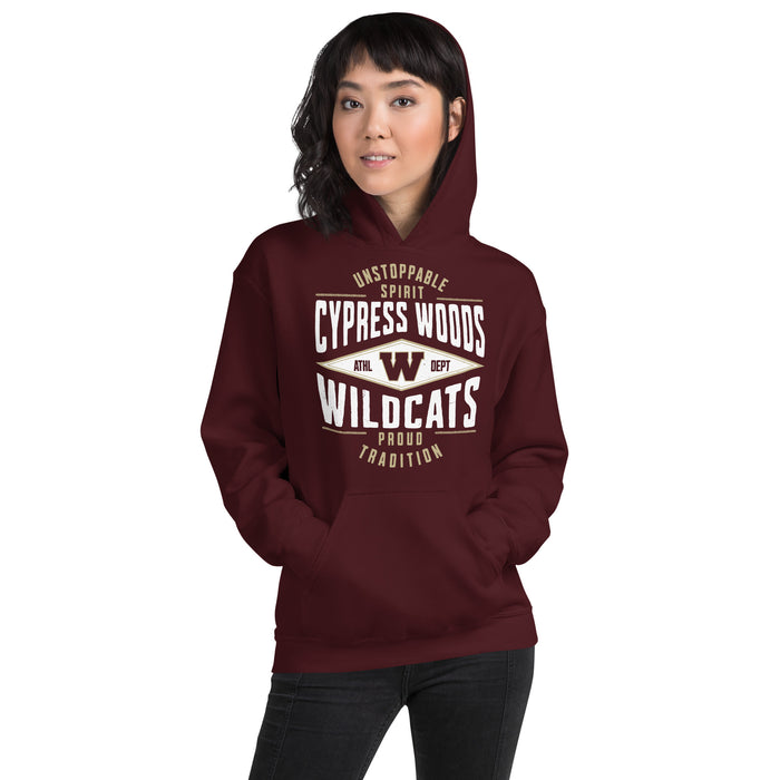 Woman wearing Cypress Woods High School Wildcats Maroon Classic Unisex Hoodie 210