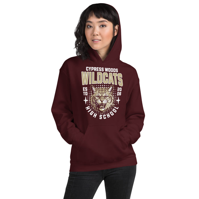Woman wearing Cypress Woods High School Wildcats Maroon Classic Unisex Hoodie 204