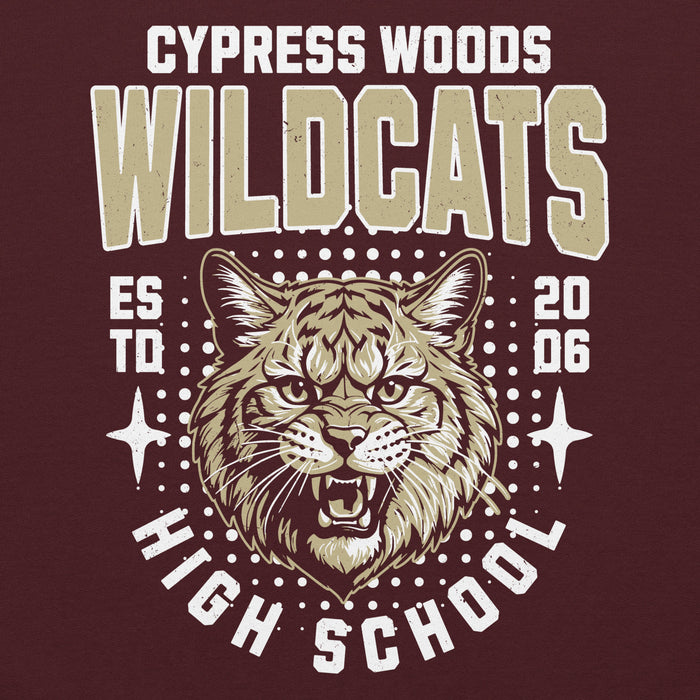 Close-up view of Cypress Woods High School Wildcats Maroon Classic Unisex Hoodie 204