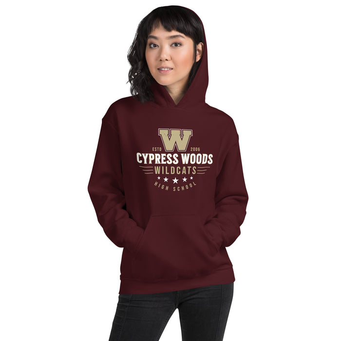 Woman wearing Cypress Woods High School Wildcats Maroon Classic Unisex Hoodie 217