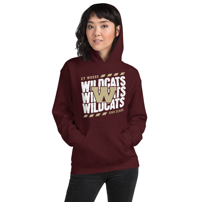 Woman wearing Cypress Woods High School Wildcats Maroon Classic Unisex Hoodie 223