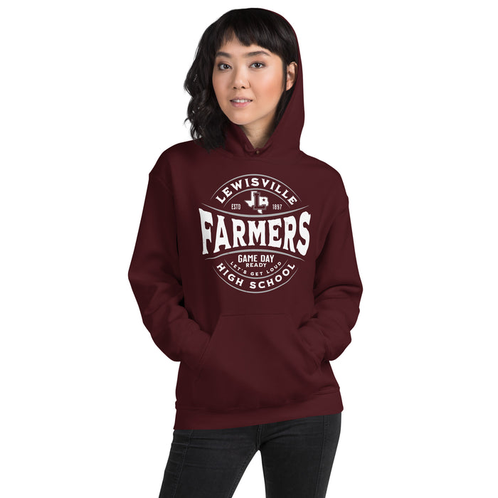Woman wearing Lewisville High School Farmers Maroon Classic Unisex Hoodie 218