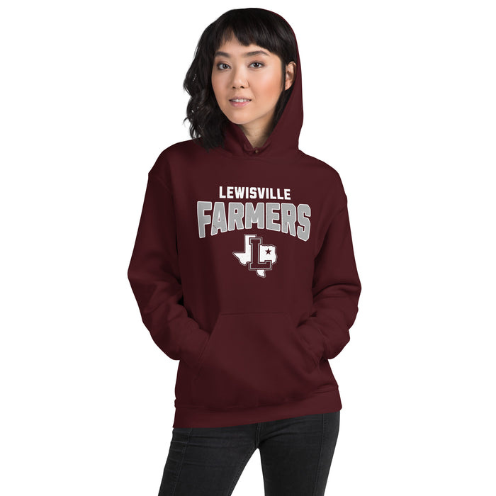 Woman wearing Lewisville High School Farmers Maroon Classic Unisex Hoodie 234
