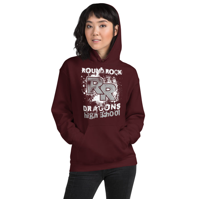 Woman wearing Round Rock High School Dragons Maroon Classic Unisex Hoodie 205