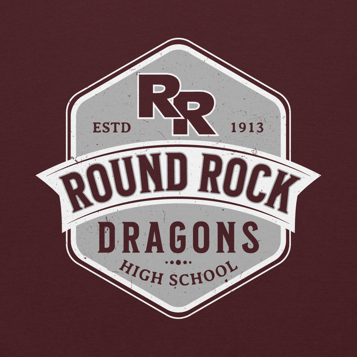 Close-up view of Round Rock High School Dragons Maroon Classic Unisex Hoodie 209