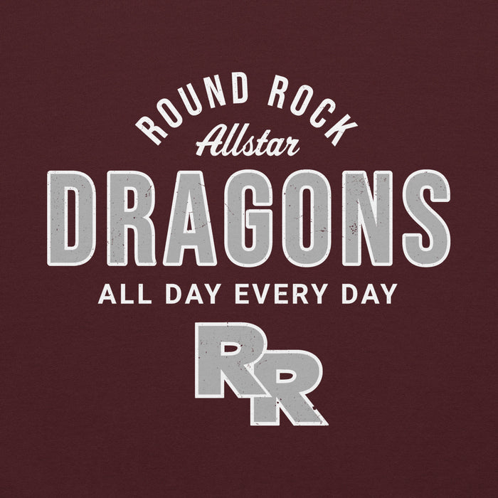 Close-up view of Round Rock High School Dragons Maroon Classic Unisex Hoodie 040