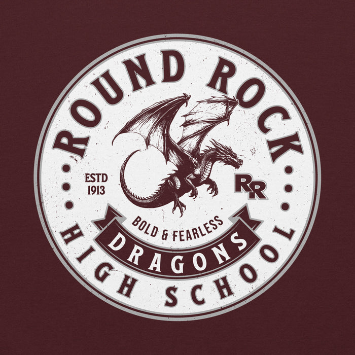 Close-up view of Round Rock High School Dragons Maroon Classic Unisex Hoodie 215