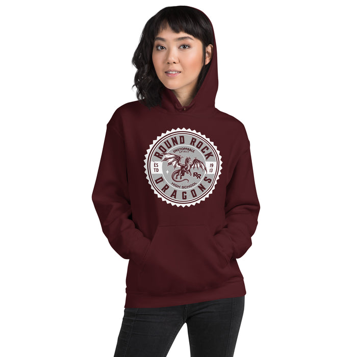 Woman wearing Round Rock High School Dragons Maroon Classic Unisex Hoodie 203