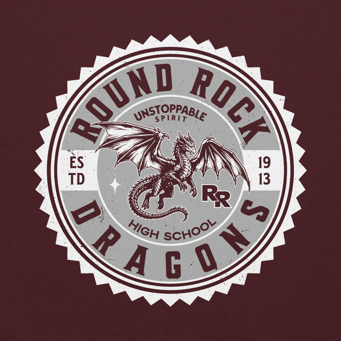 Close-up view of Round Rock High School Dragons Maroon Classic Unisex Hoodie 203