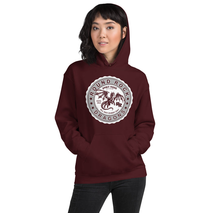 Woman wearing Round Rock High School Dragons Maroon Classic Unisex Hoodie 216