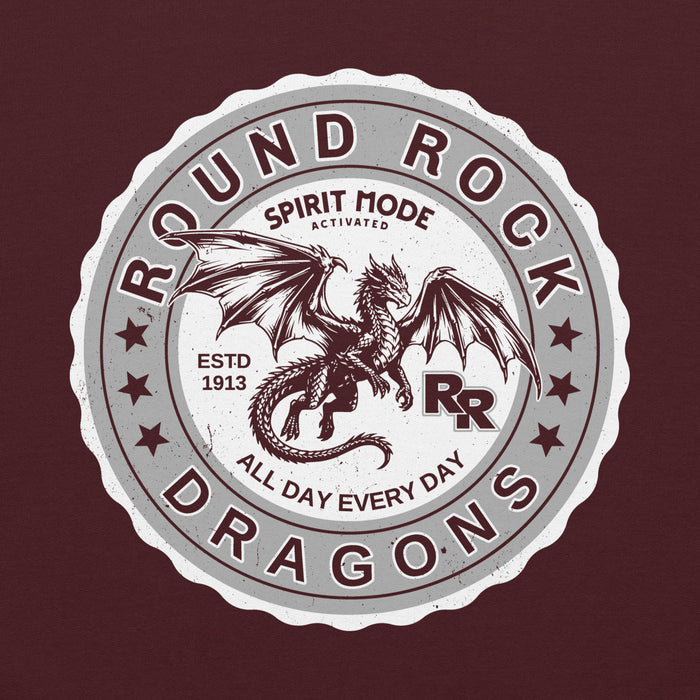 Close-up view of Round Rock High School Dragons Maroon Classic Unisex Hoodie 216