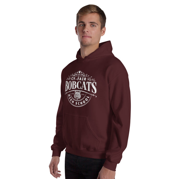 Man wearing Cy-Fair High School Bobcats Maroon Classic Unisex Hoodie 211