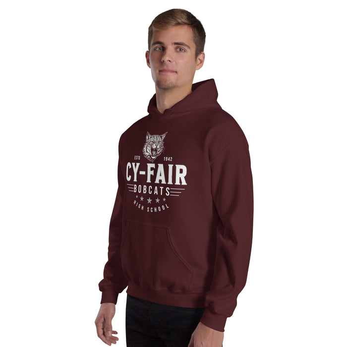 Man wearing Cy-Fair High School Bobcats Maroon Classic Unisex Hoodie 217