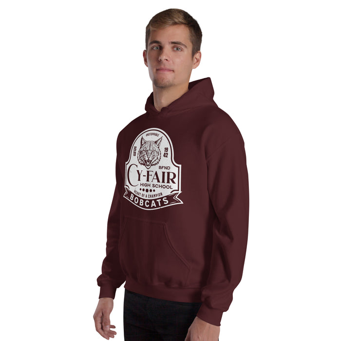 Man wearing Cy-Fair High School Bobcats Maroon Classic Unisex Hoodie 219