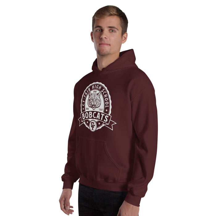 Man wearing Cy-Fair High School Bobcats Maroon Classic Unisex Hoodie 212