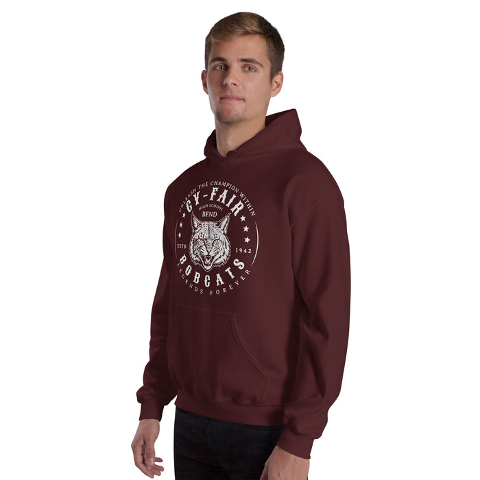 Man wearing Cy-Fair High School Bobcats Maroon Classic Unisex Hoodie 214
