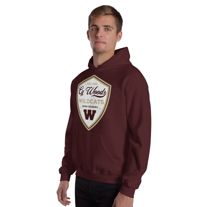 Man wearing Cypress Woods High School Wildcats Maroon Classic Unisex Hoodie 225