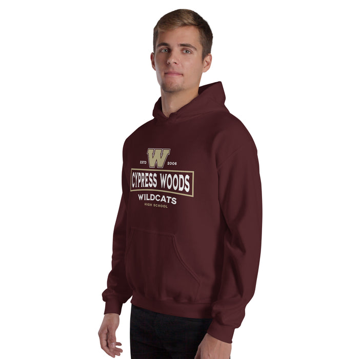 Man wearing Cypress Woods High School Wildcats Maroon Classic Unisex Hoodie 222