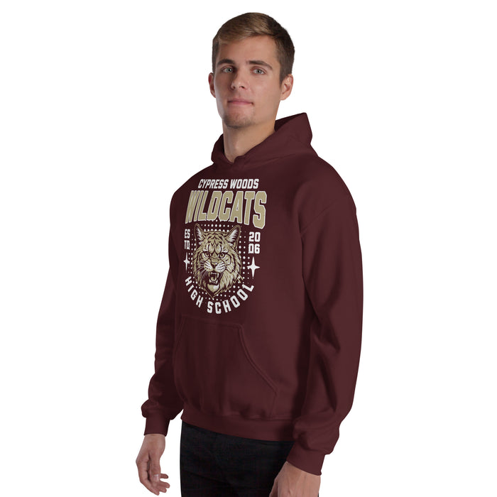Man wearing Cypress Woods High School Wildcats Maroon Classic Unisex Hoodie 204