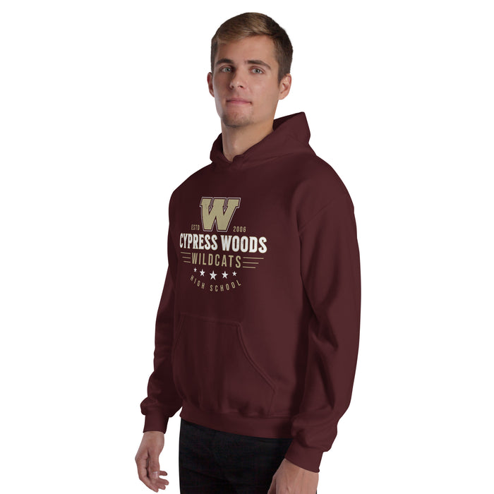 Man wearing Cypress Woods High School Wildcats Maroon Classic Unisex Hoodie 217