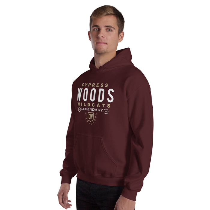 Man wearing Cypress Woods High School Wildcats Maroon Classic Unisex Hoodie 003