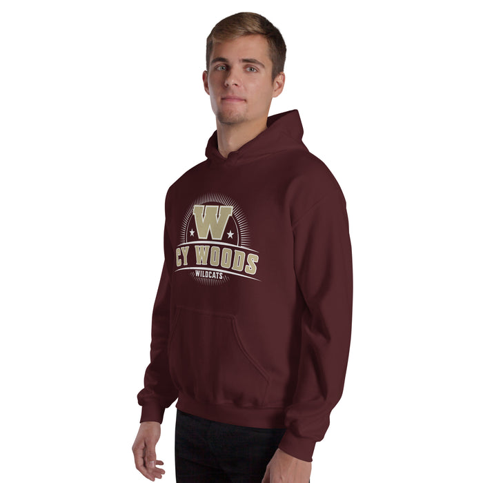 Man wearing Cypress Woods High School Wildcats Maroon Classic Unisex Hoodie 221