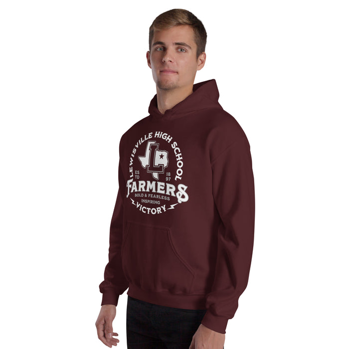 Man wearing Lewisville High School Farmers Maroon Classic Unisex Hoodie 206