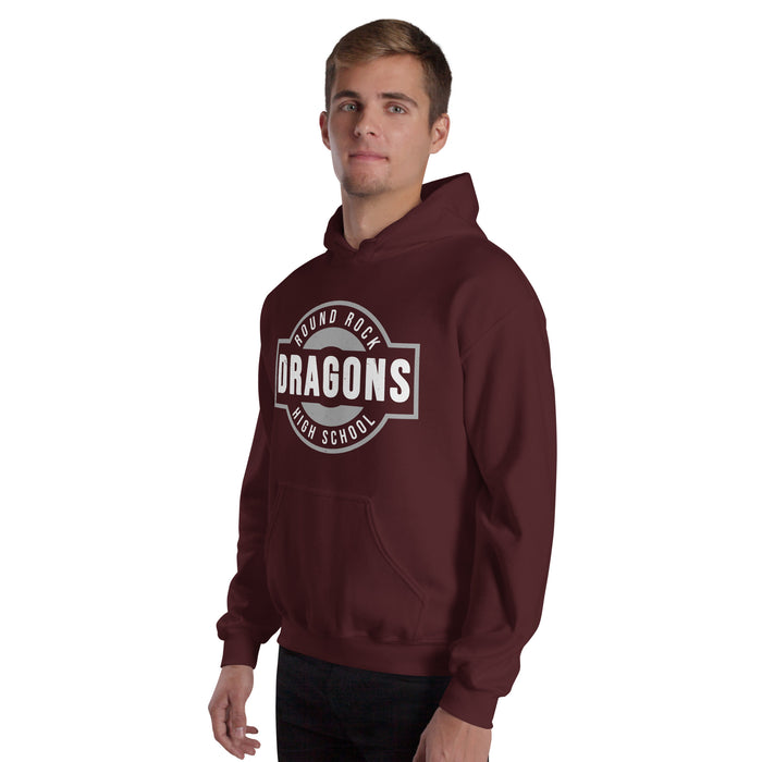 Man wearing Round Rock High School Dragons Maroon Classic Unisex Hoodie 011