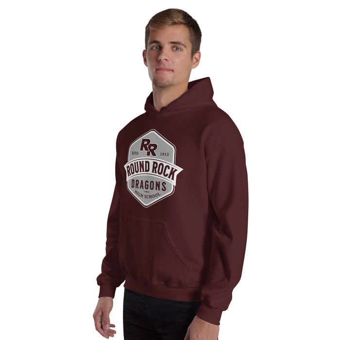 Man wearing Round Rock High School Dragons Maroon Classic Unisex Hoodie 209