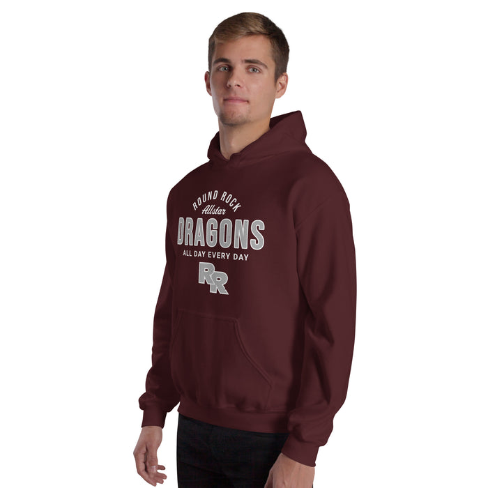 Man wearing Round Rock High School Dragons Maroon Classic Unisex Hoodie 040
