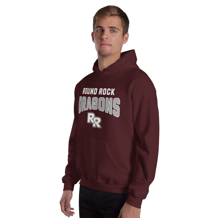 Man wearing Round Rock High School Dragons Maroon Classic Unisex Hoodie 234